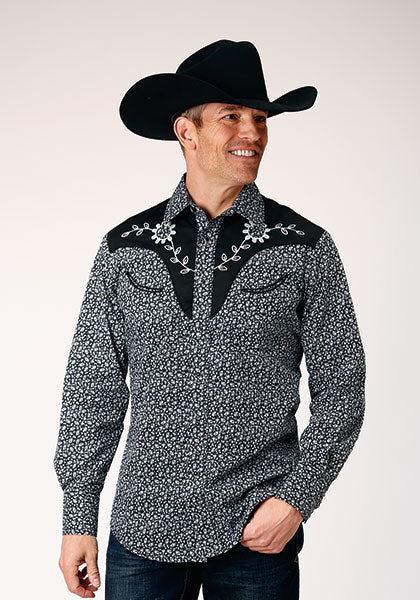 Men's Western Floral Print Snap Shirt – Black & White Embroidered Yoke