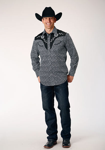 Men's Western Floral Print Snap Shirt – Black & White Embroidered Yoke
