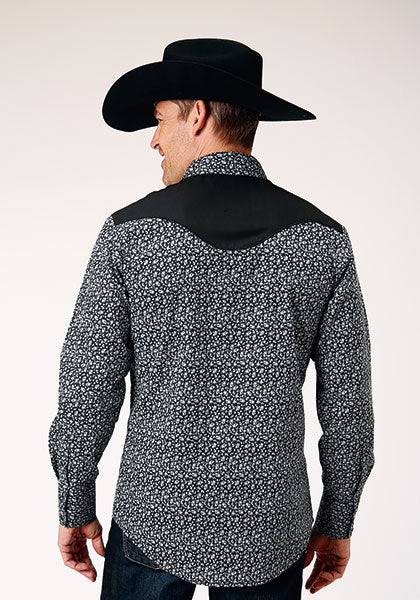 Men's Western Floral Print Snap Shirt – Black & White Embroidered Yoke