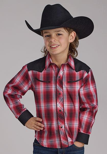 Roper Boys Cowboy Red-Black Plaid L/S Shirt