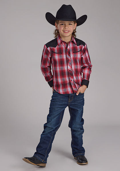 Roper Boys Cowboy Red-Black Plaid L/S Shirt
