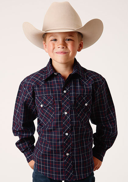 Roper Boys Snap Navy-Red Plaid L/S Shirt