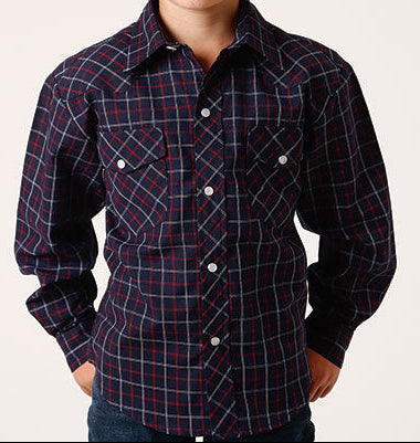 Roper Boys Snap Navy-Red Plaid L/S Shirt