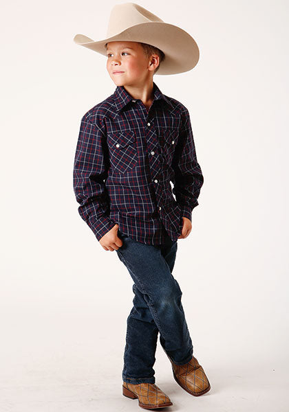 Roper Boys Snap Navy-Red Plaid L/S Shirt