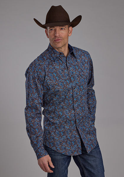 Men's Western Paisley Print Snap Shirt – Blue & Brown 100% Cotton
