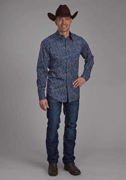 Men's Western Paisley Print Snap Shirt – Blue & Brown 100% Cotton