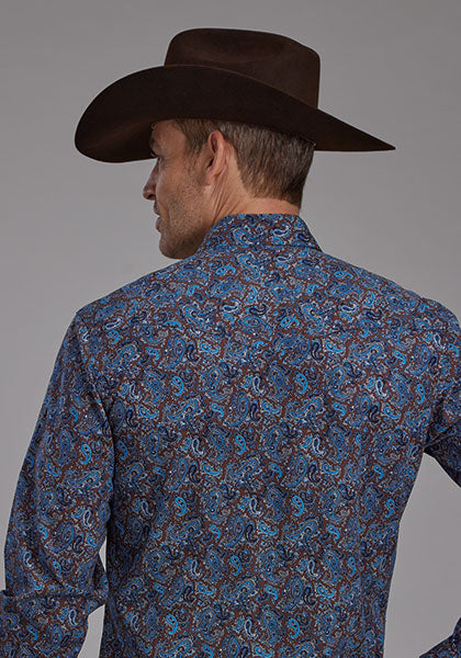 Men's Western Paisley Print Snap Shirt – Blue & Brown 100% Cotton