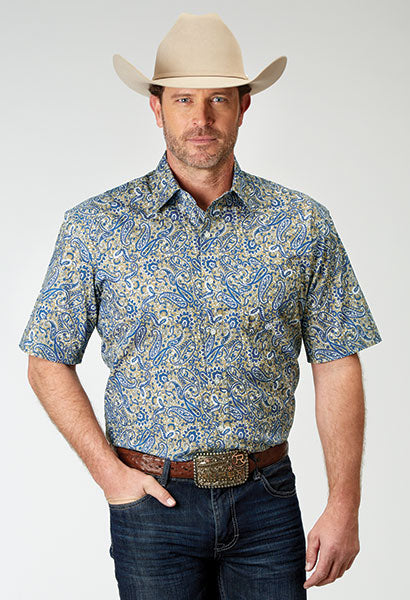 Men's Western Drip Blue Paisley Short Sleeve Shirt - Roper