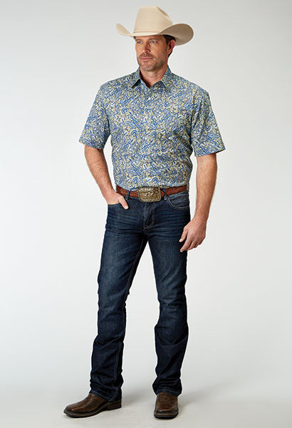 Men's Western Drip Blue Paisley Short Sleeve Shirt - Roper