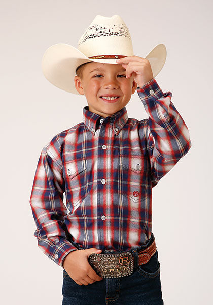 Roper Boys Navy-Red Plaid L/S Shirt