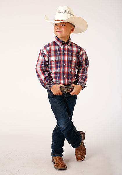 Roper Boys Navy-Red Plaid L/S Shirt