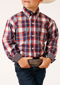 Roper Boys Navy-Red Plaid L/S Shirt