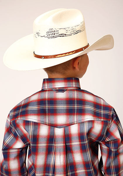 Roper Boys Navy-Red Plaid L/S Shirt