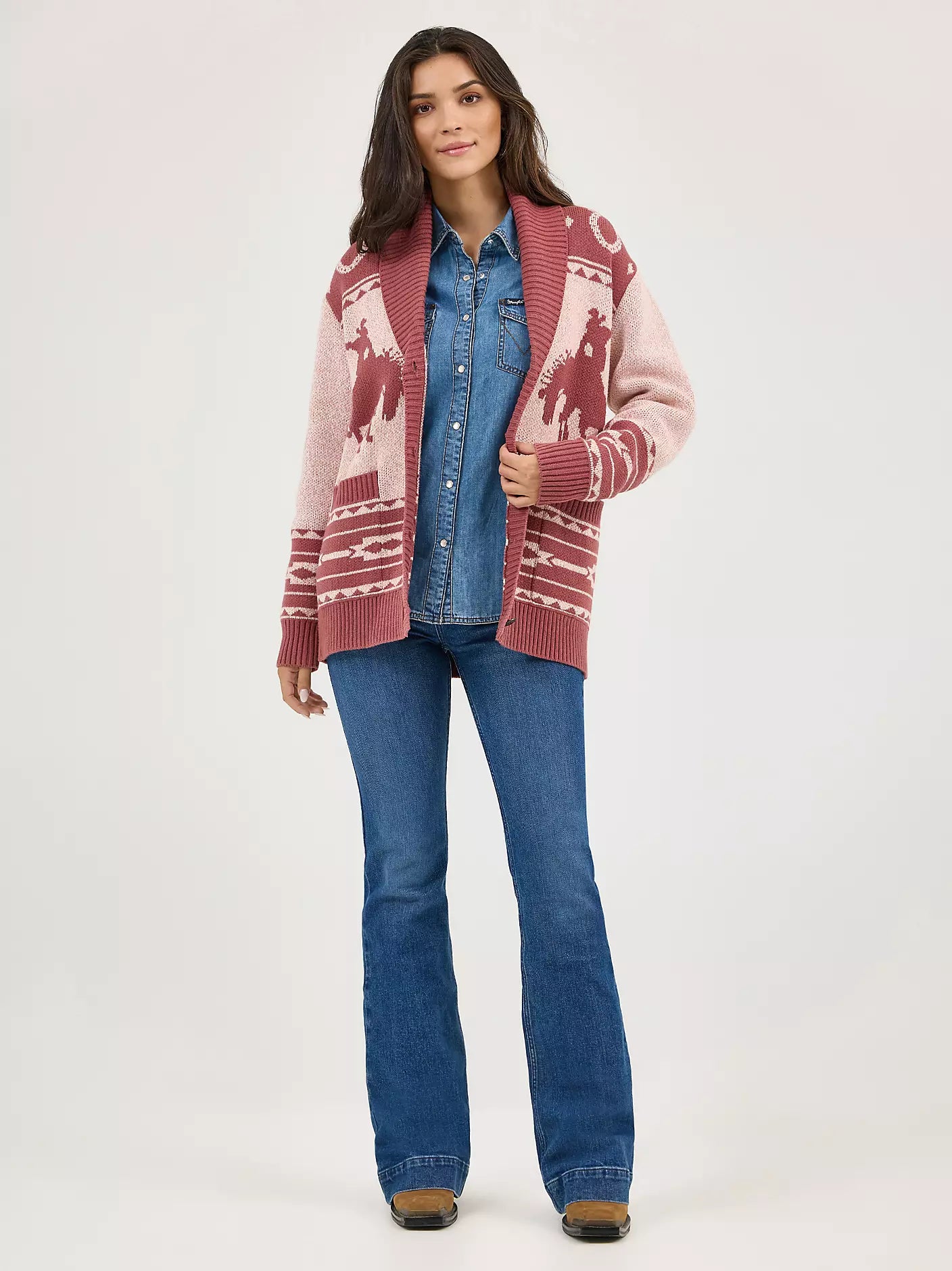 Wrangler Women Western Horse Pink Cardigan