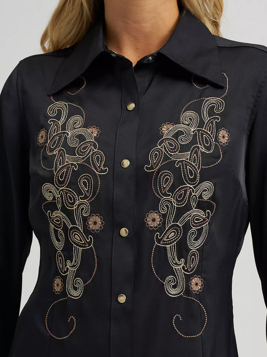Wrangler Women Lainey Wilson Satin Embroidered Western Snap Shirt