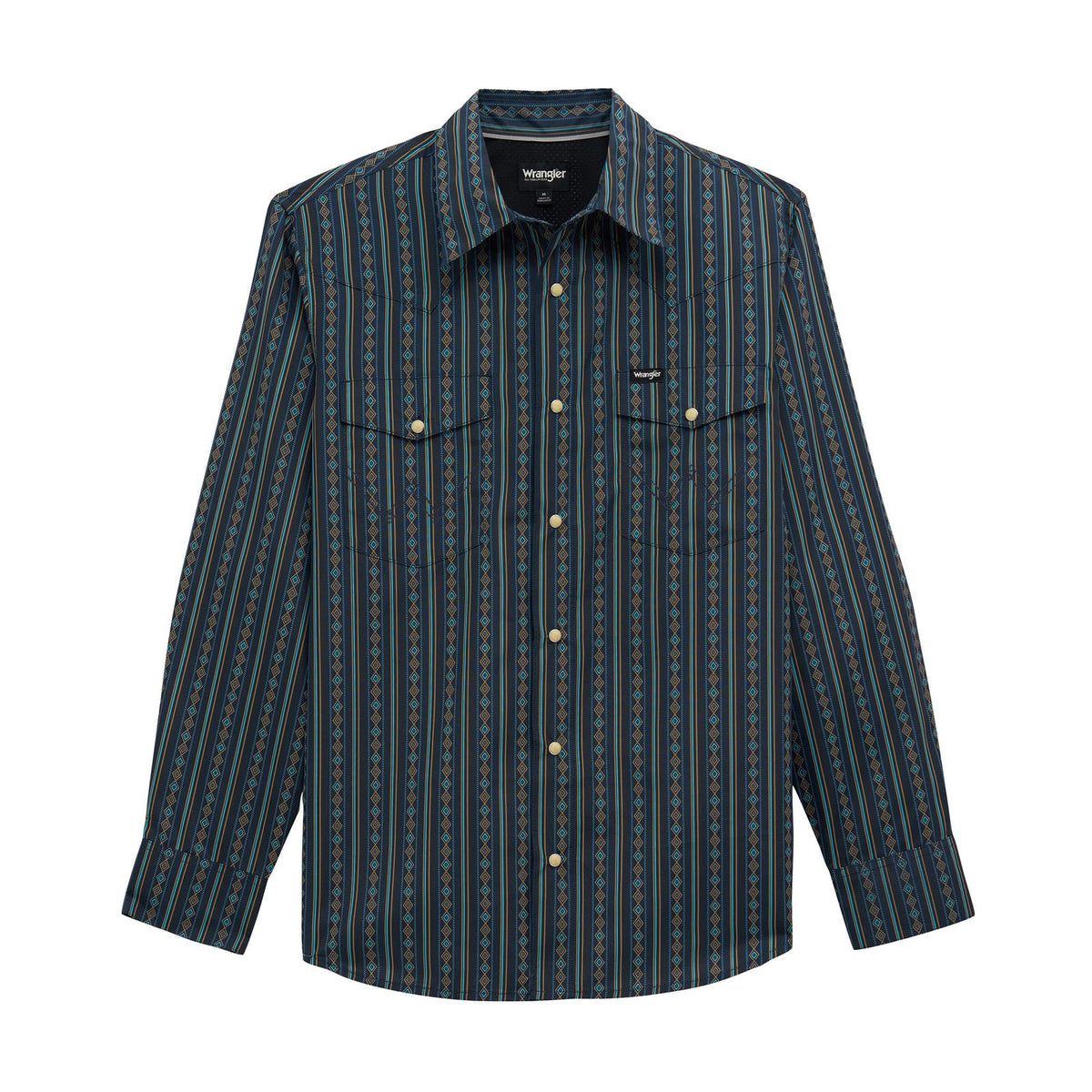 Wrangler Men's Long Sleeve Shirt Regular Fit Snaps Dark Sapphire Diamond Stripe