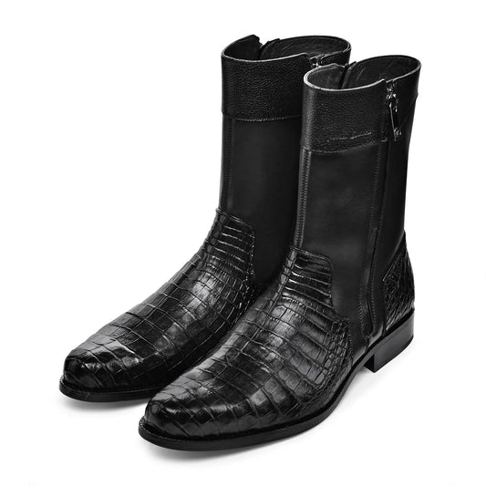 Cuadra Men's Black Dress Boots in Genuine Cayman Leather