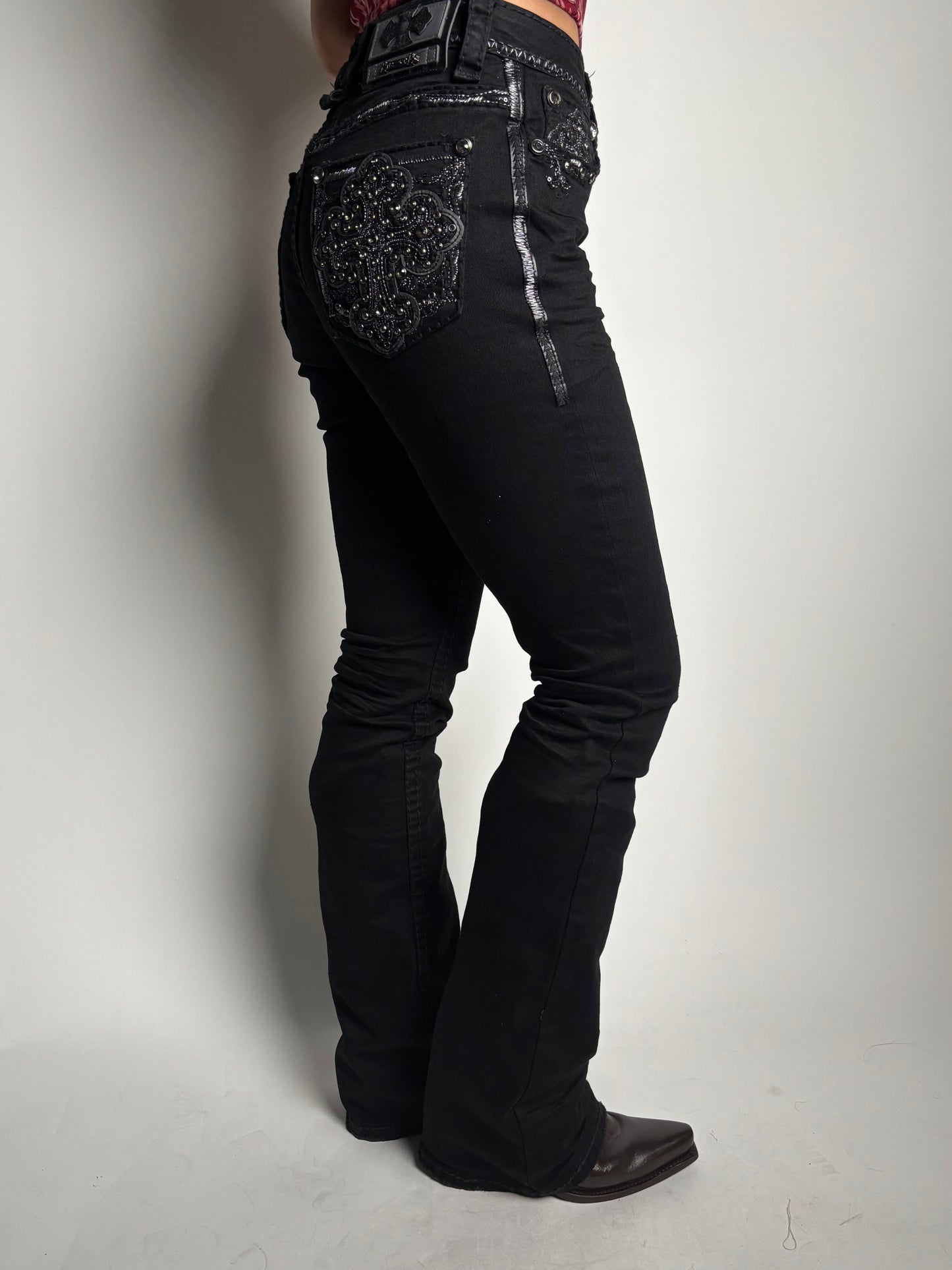 Women's Black Mid Rise Rhinestone Stretch Bootcut Jeans - Answer Me