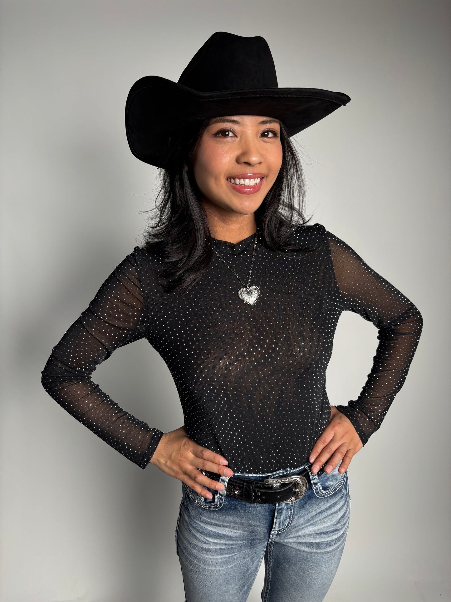 Women's Rhinestone Lined Front Long Sleeve Mesh Bodysuit - Lucky & Blessed