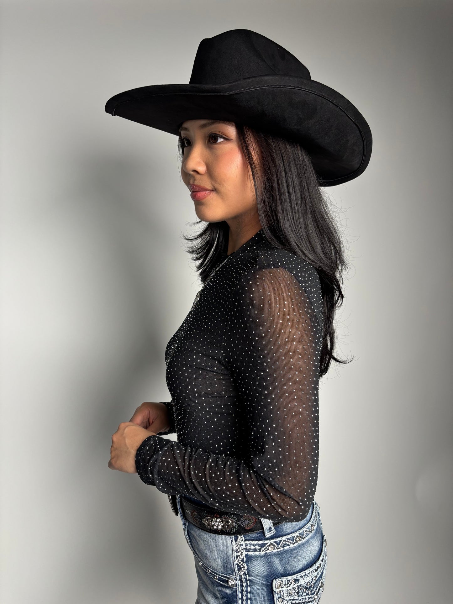 Women's Rhinestone Lined Front Long Sleeve Mesh Bodysuit - Lucky & Blessed