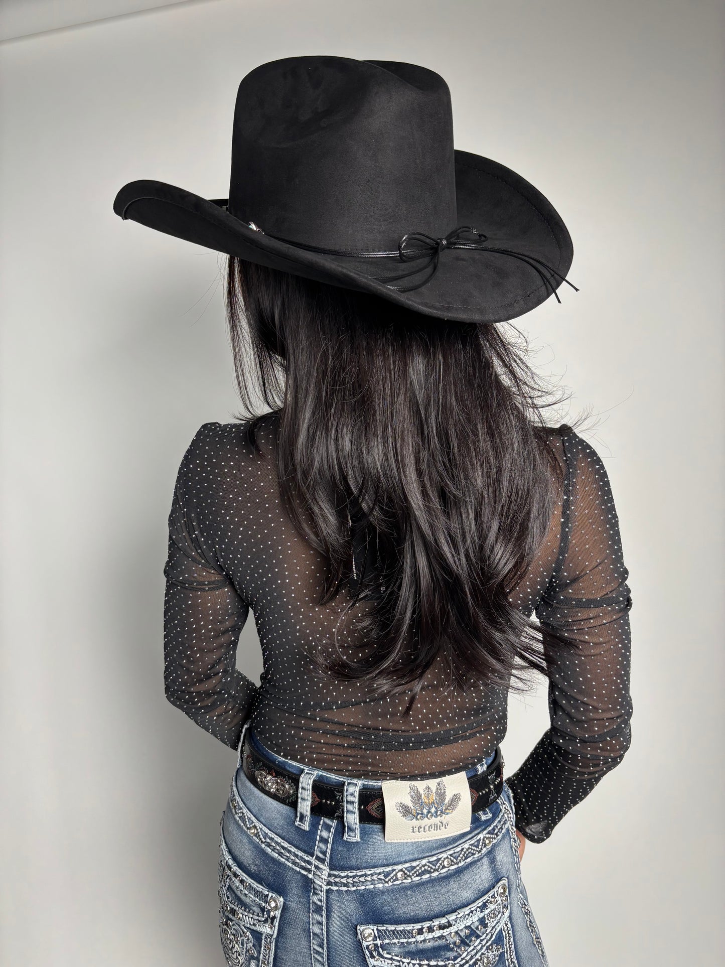 Women's Rhinestone Lined Front Long Sleeve Mesh Bodysuit - Lucky & Blessed
