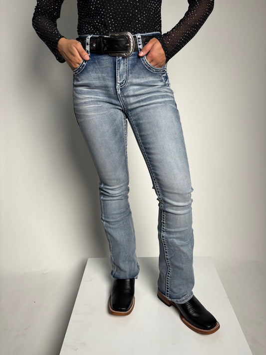 Women's Mid Rise Rose Rhinestone Stretch Bootcut Jeans - Xecondo