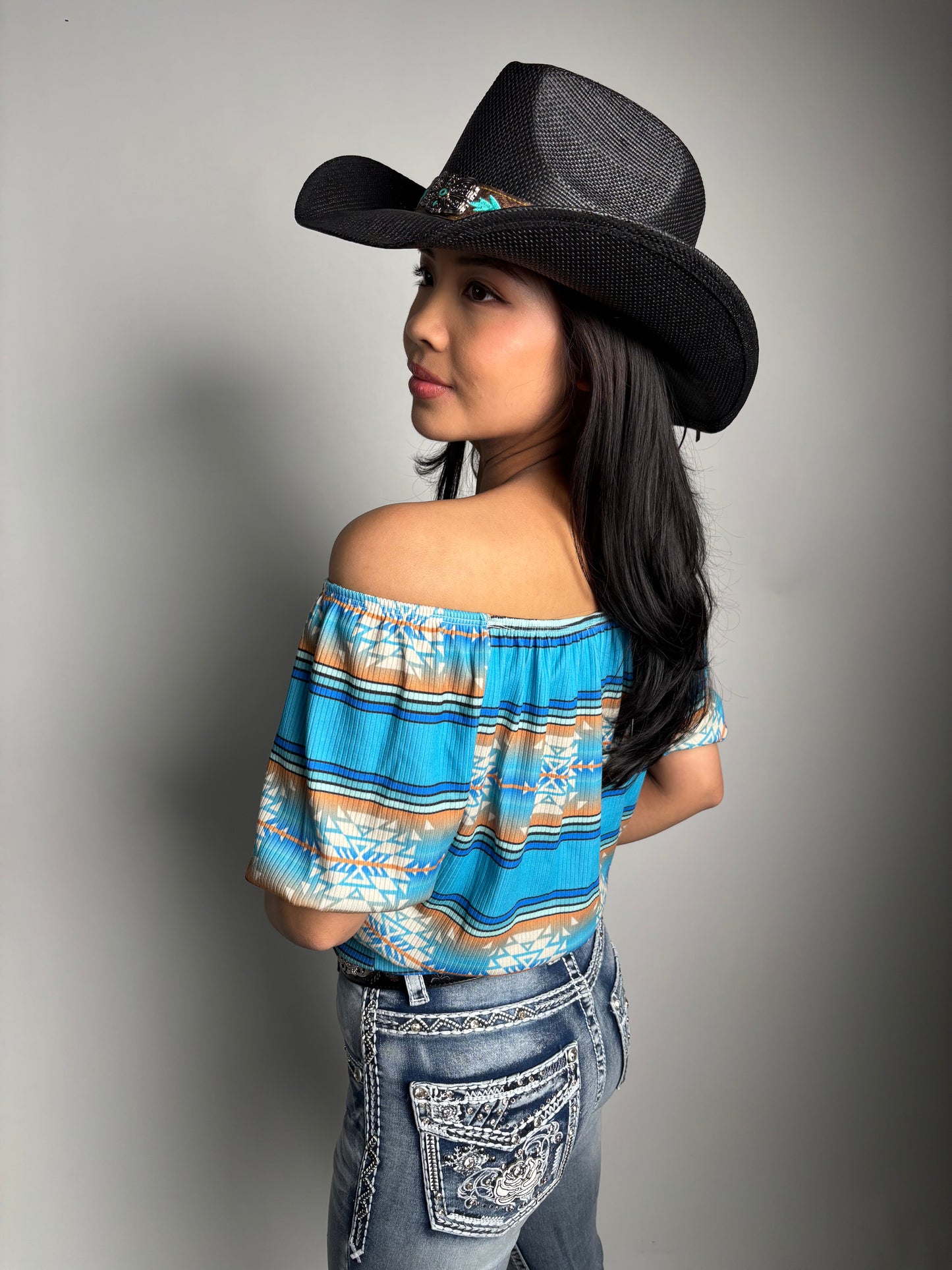 Women's Aztec Printed Off Shoulder Elastic Waist Top - Lucky & Blessed