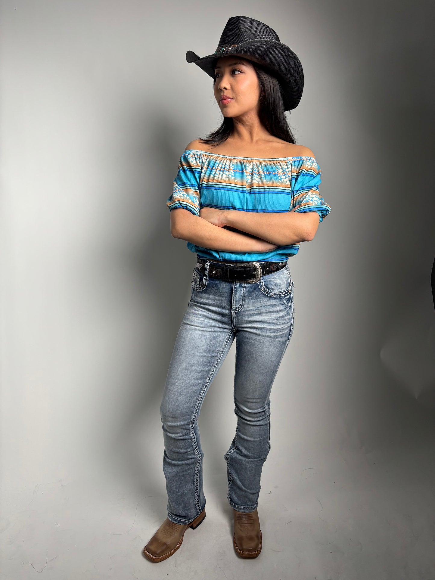 Women's Aztec Printed Off Shoulder Elastic Waist Top - Lucky & Blessed