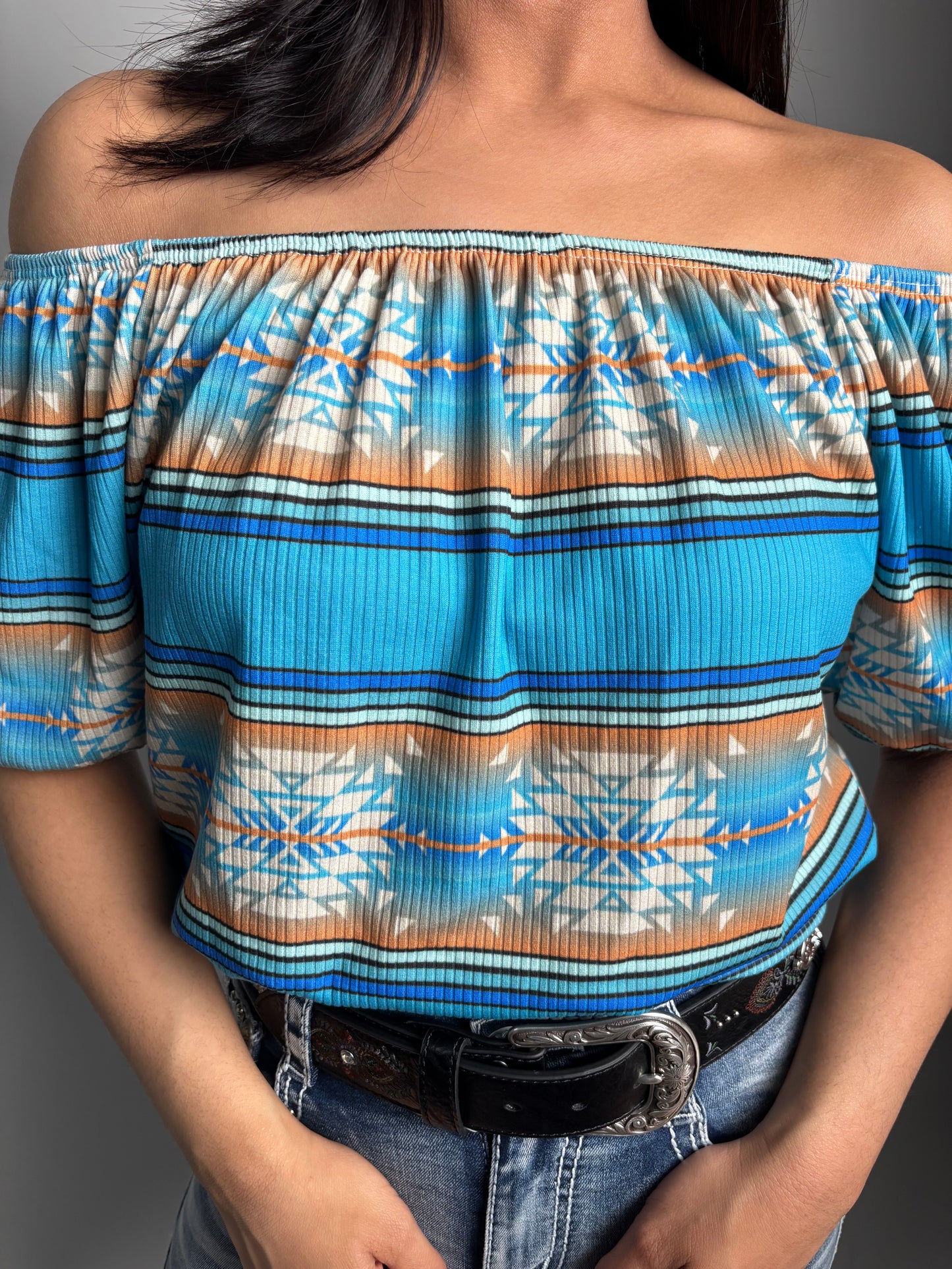 Women's Aztec Printed Off Shoulder Elastic Waist Top - Lucky & Blessed
