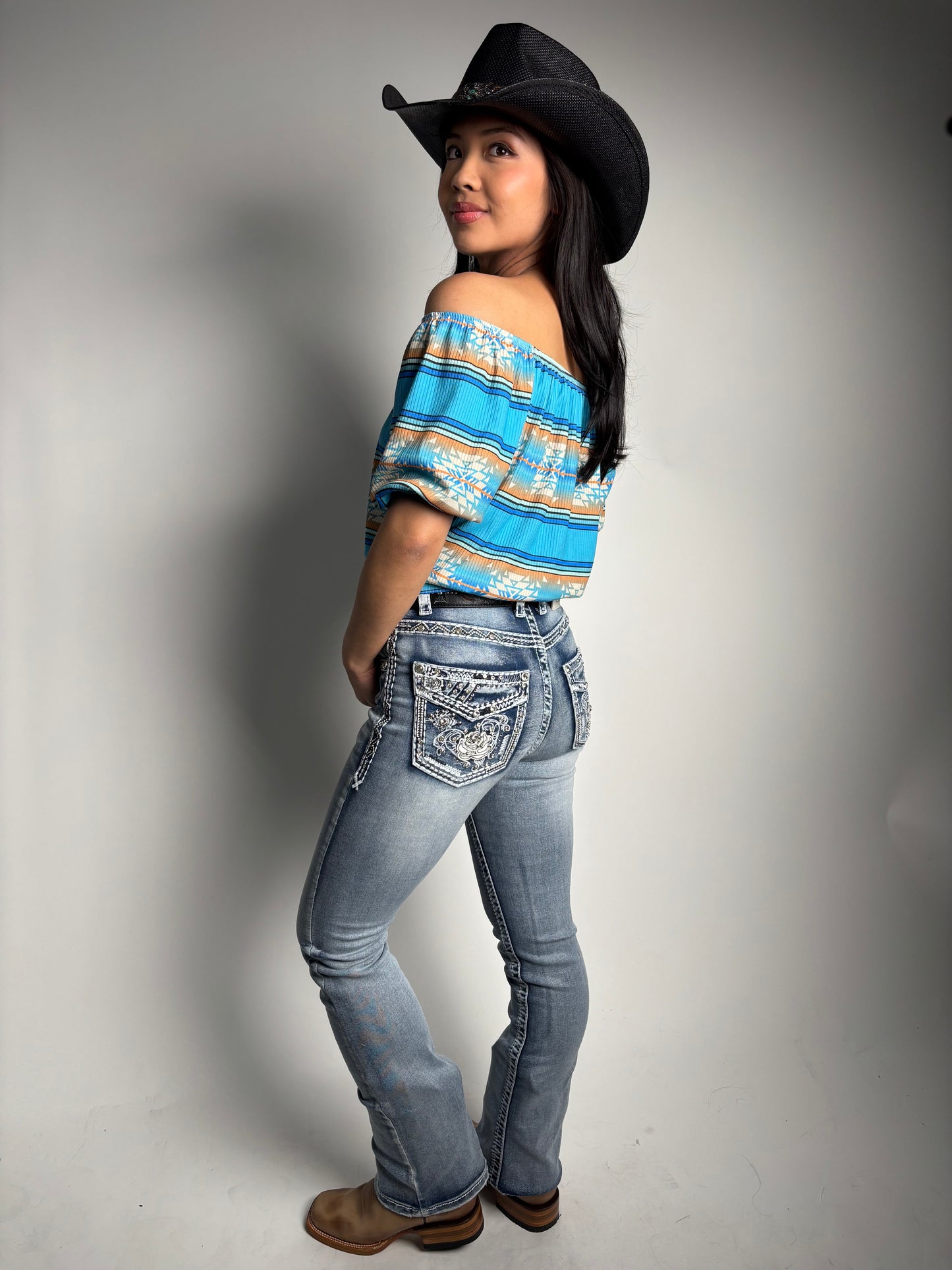 Women's Aztec Printed Off Shoulder Elastic Waist Top - Lucky & Blessed