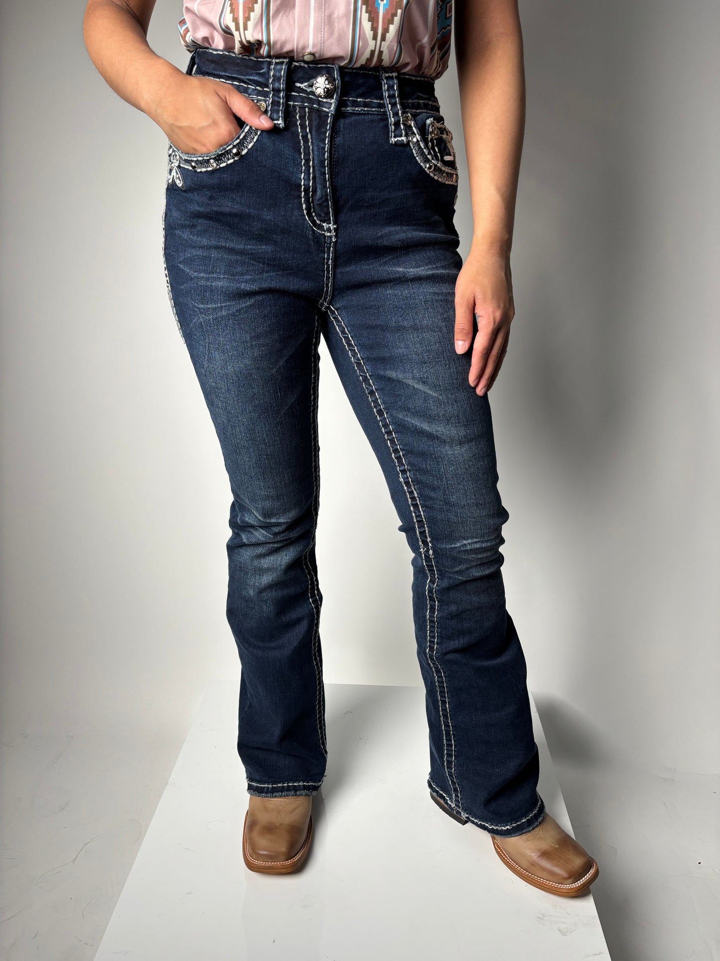 Women's Blue Mid Rise Rhinestone Stretch Bootcut Jeans - Answer Me