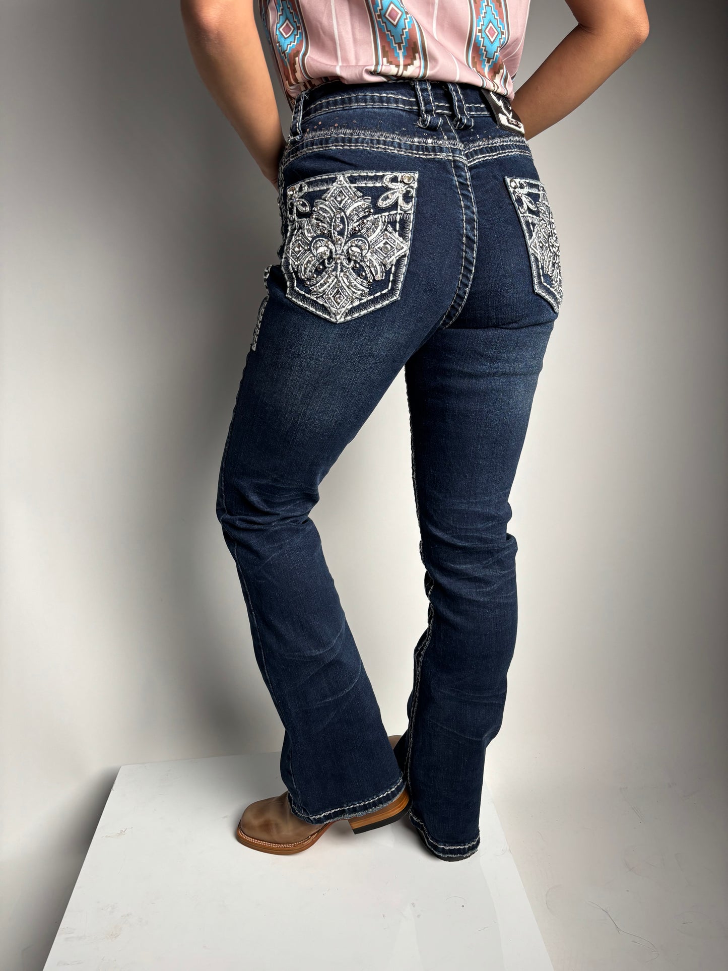 Women's Blue Mid Rise Rhinestone Stretch Bootcut Jeans - Answer Me