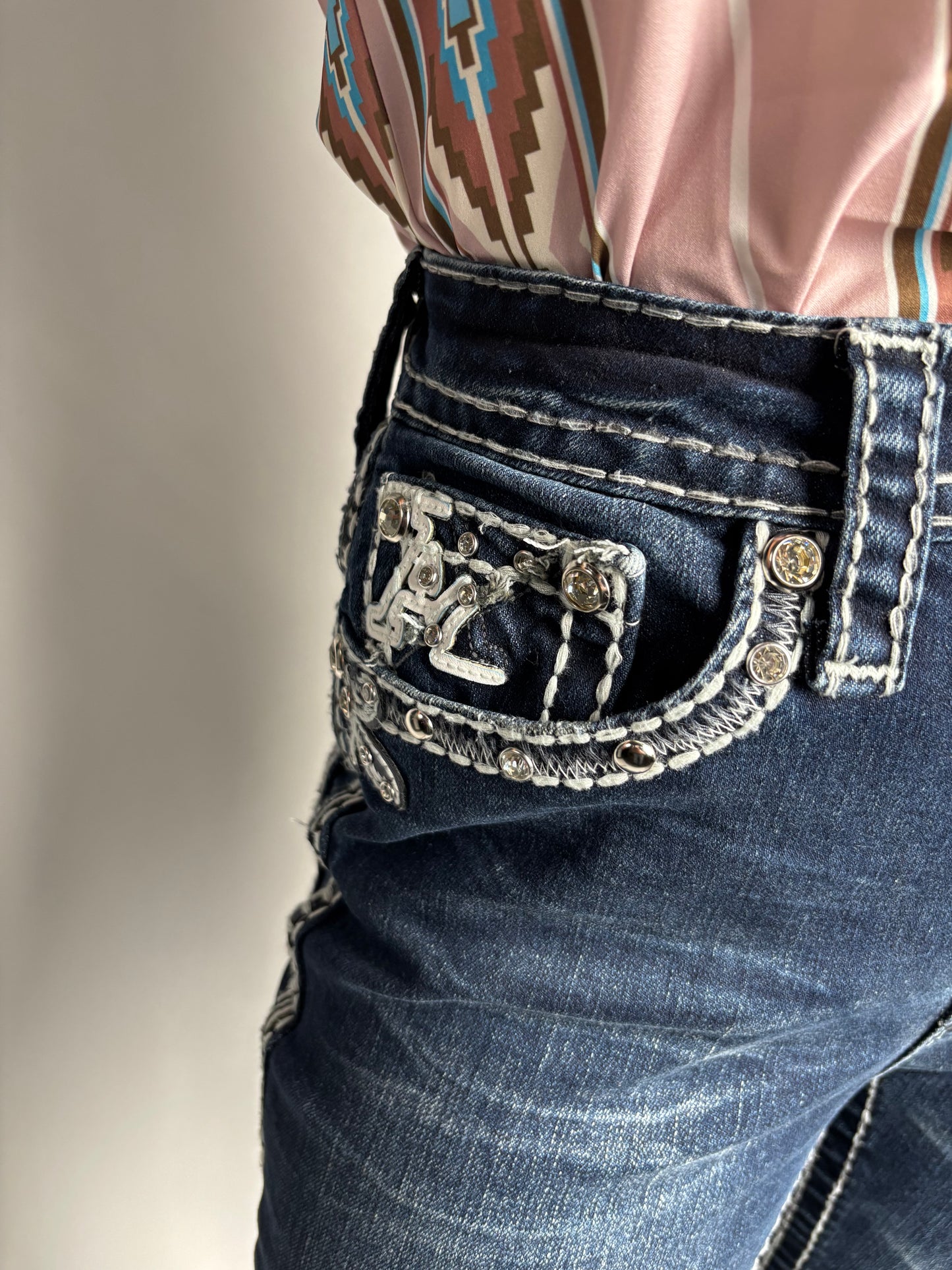 Women's Blue Mid Rise Rhinestone Stretch Bootcut Jeans - Answer Me