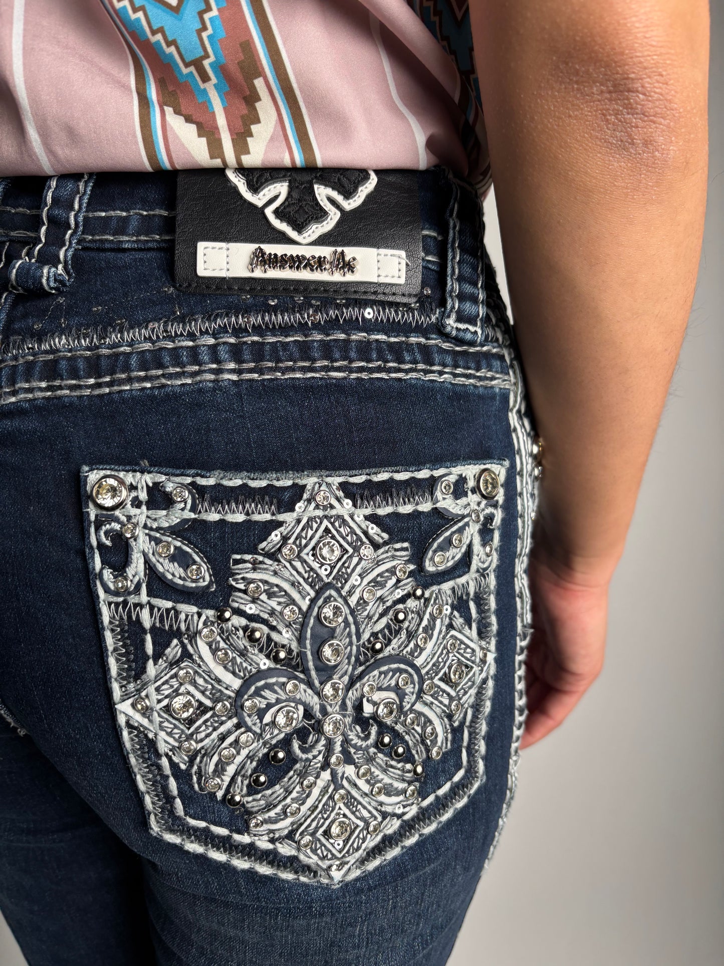 Women's Blue Mid Rise Rhinestone Stretch Bootcut Jeans - Answer Me