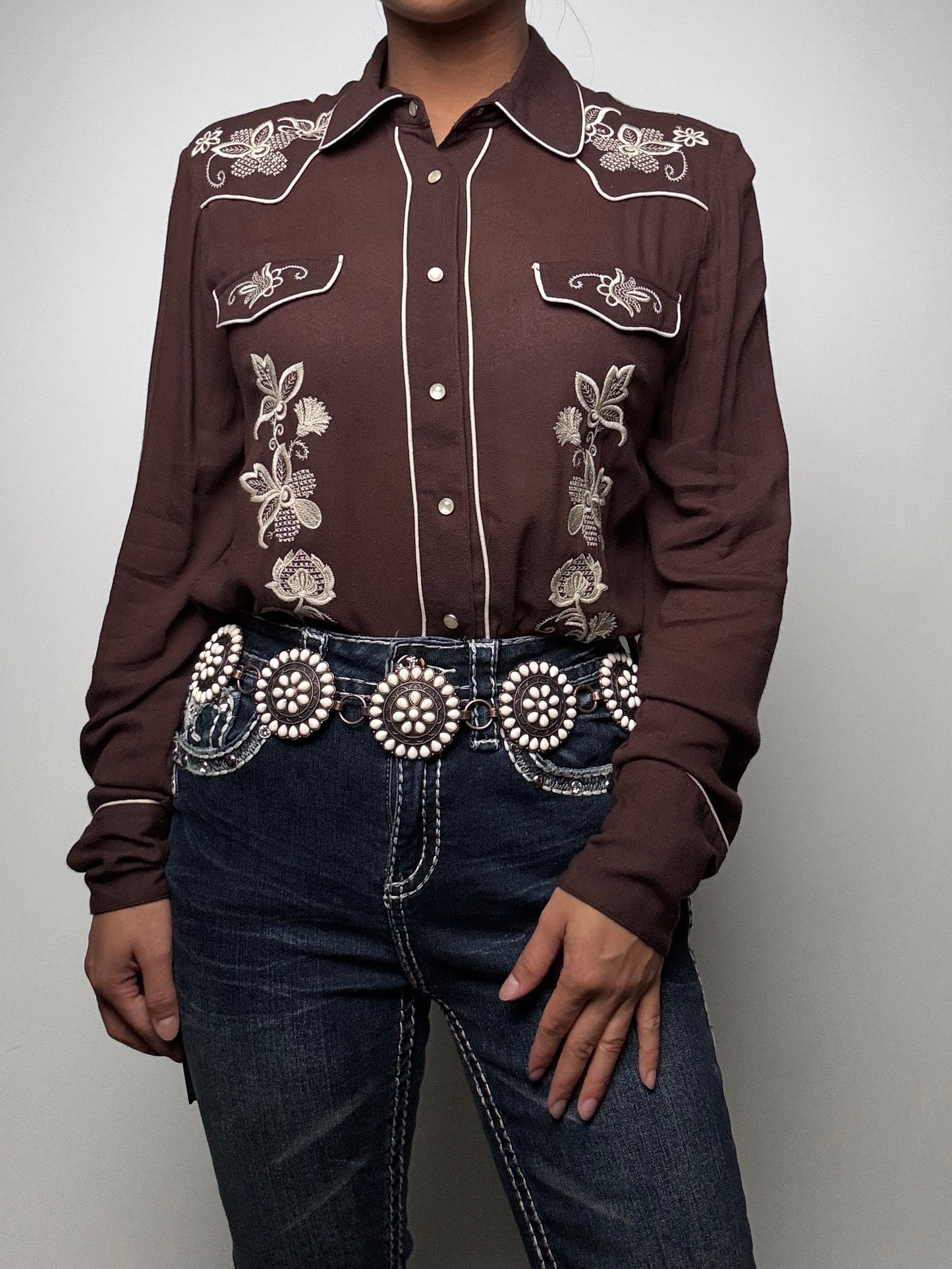 Stetson Womens L/S brown embroidered shirt