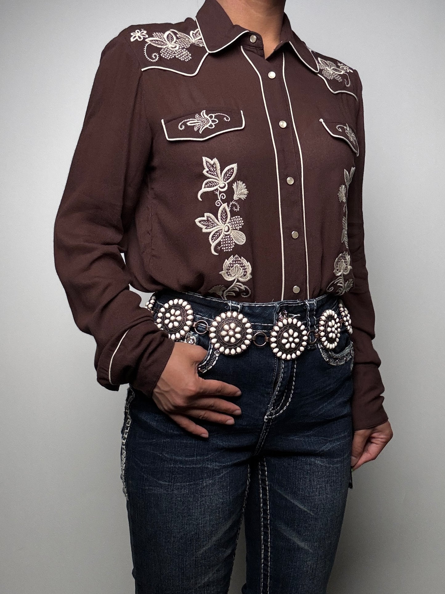 Stetson Womens L/S brown embroidered shirt