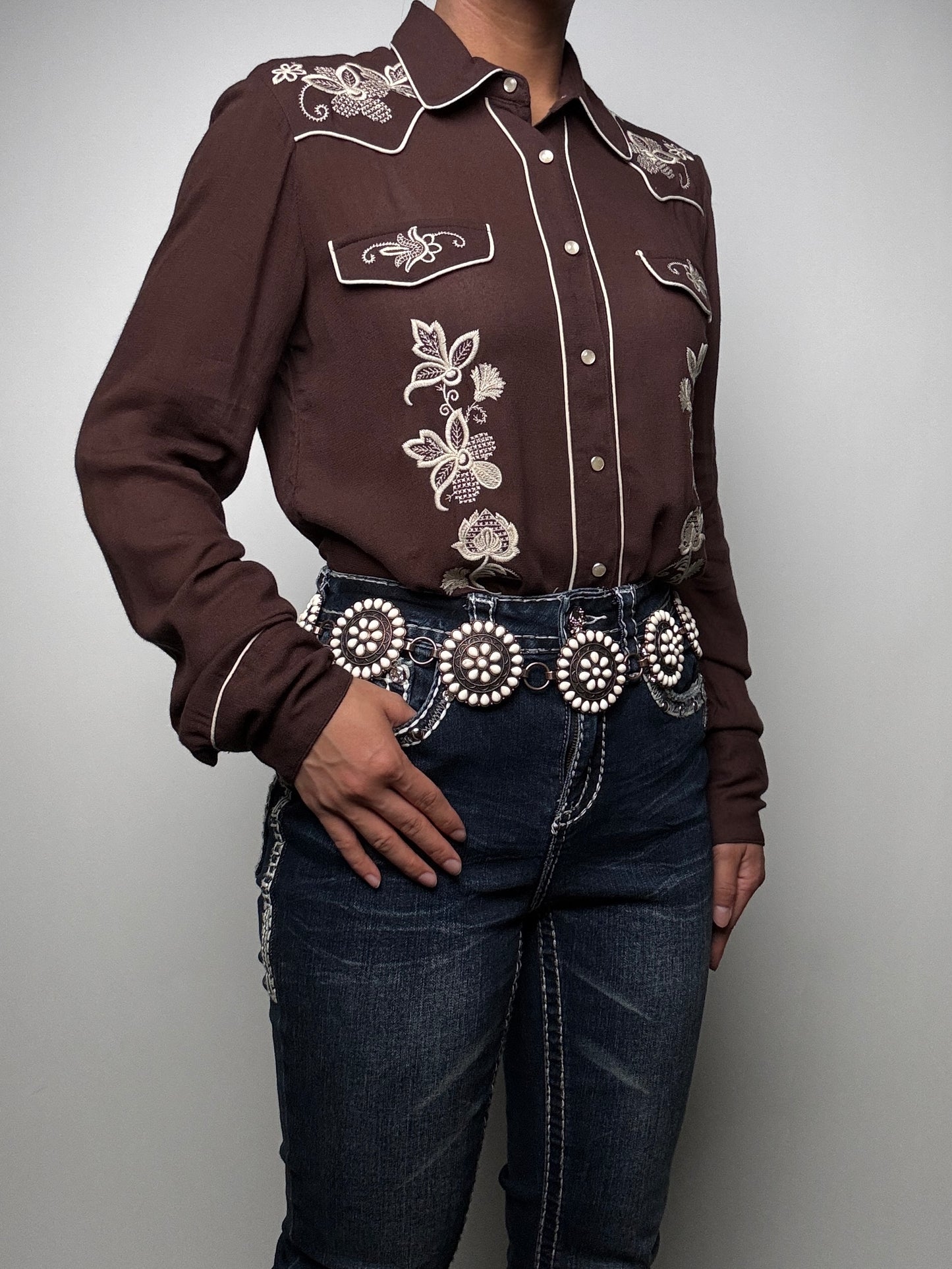 Stetson Womens L/S brown embroidered shirt