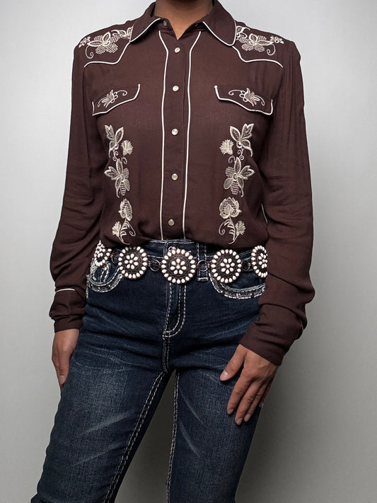 Stetson Womens L/S brown embroidered shirt