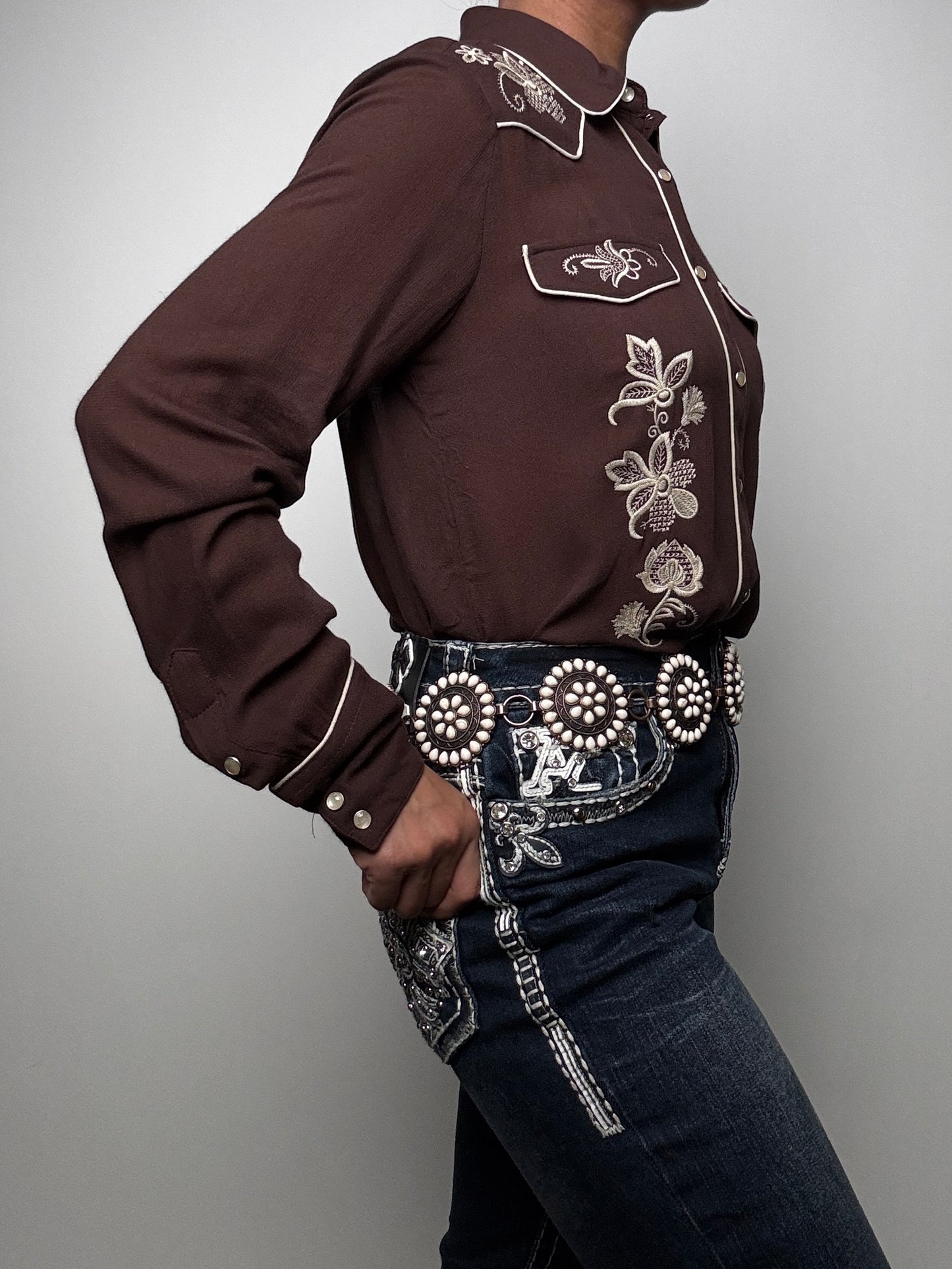 Stetson Womens L/S brown embroidered shirt