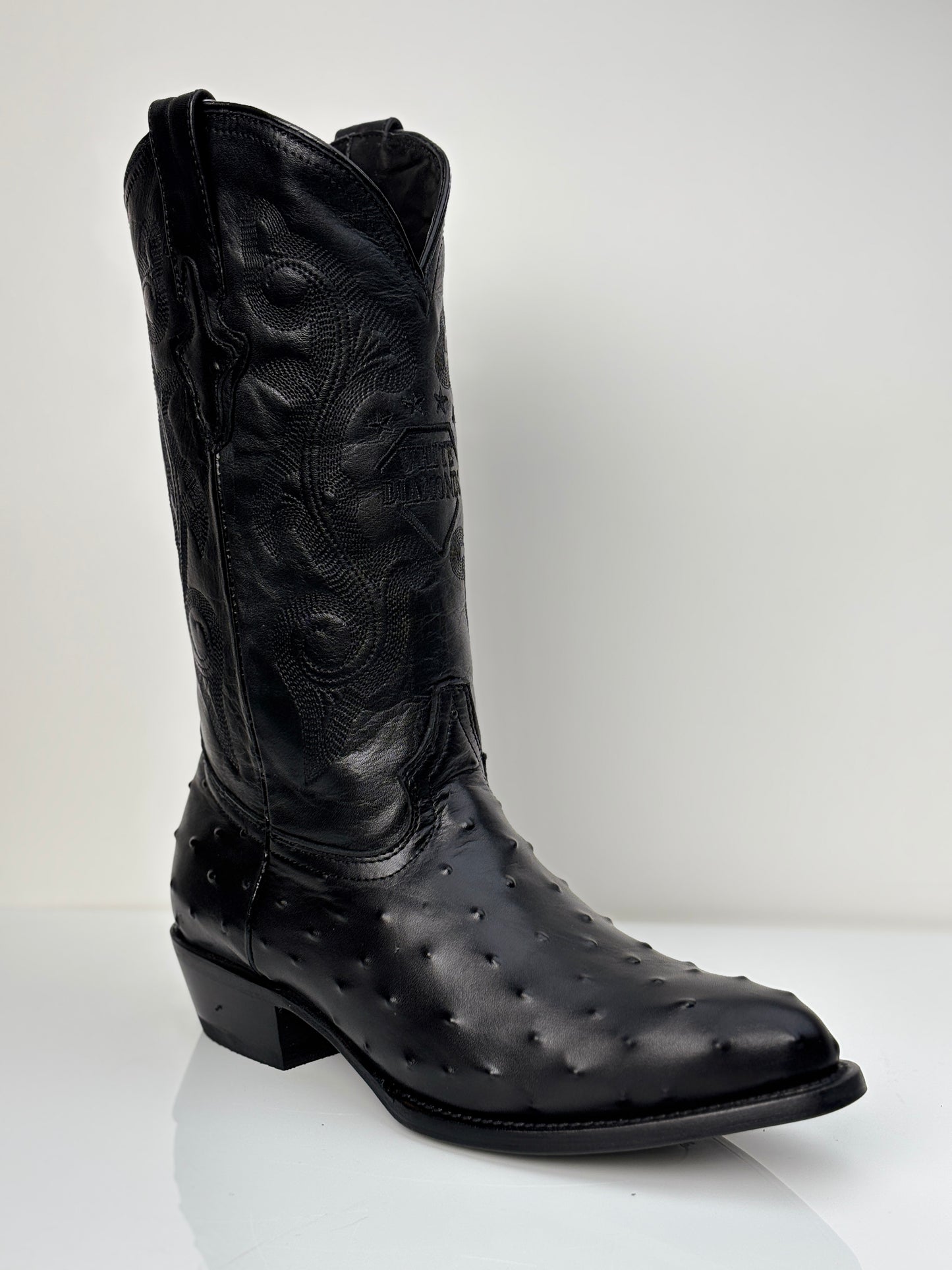 Men's Black Ostrich Engraved Round Toe Western Boot - White Diamonds