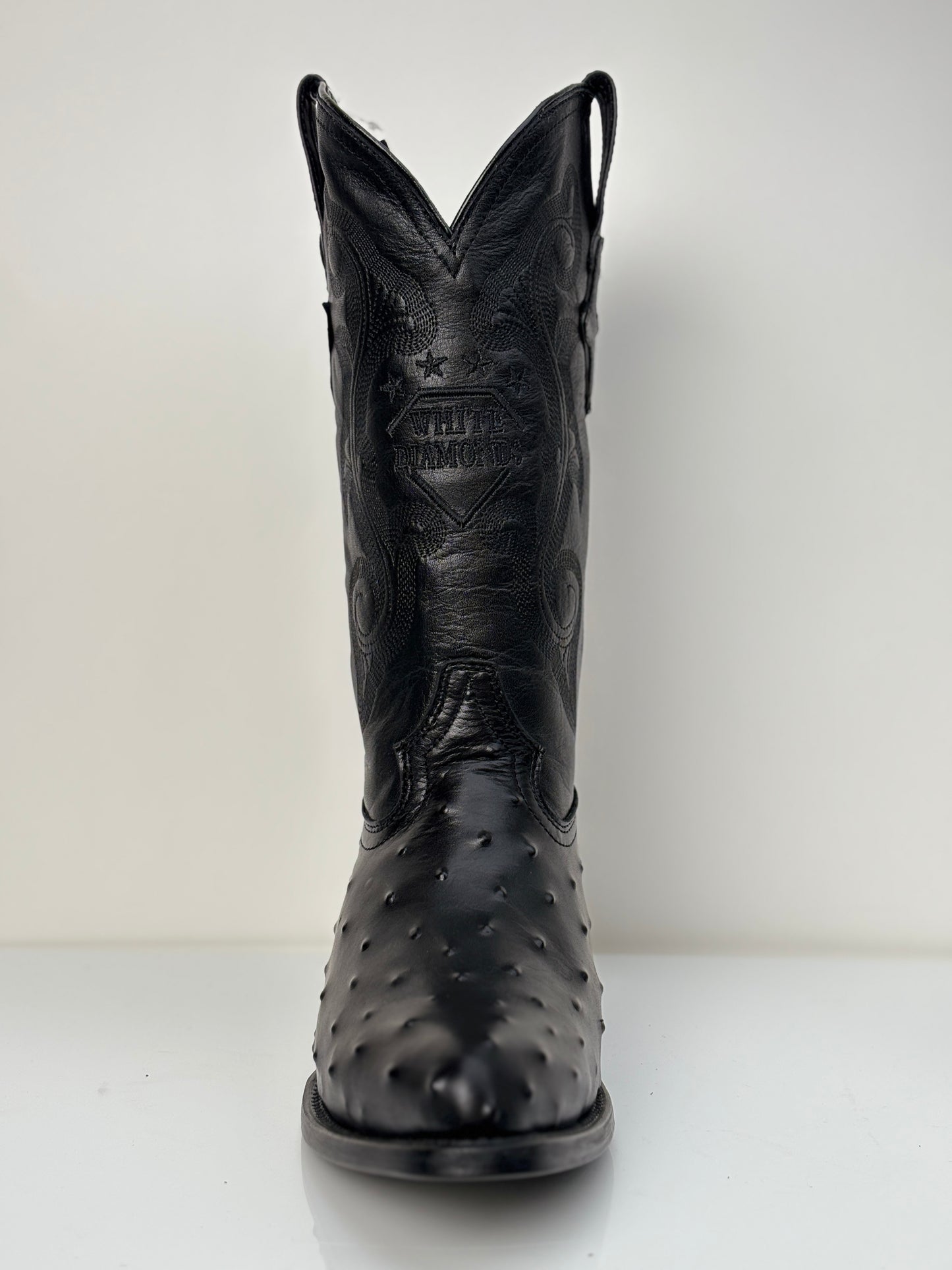 Men's Black Ostrich Engraved Round Toe Western Boot - White Diamonds