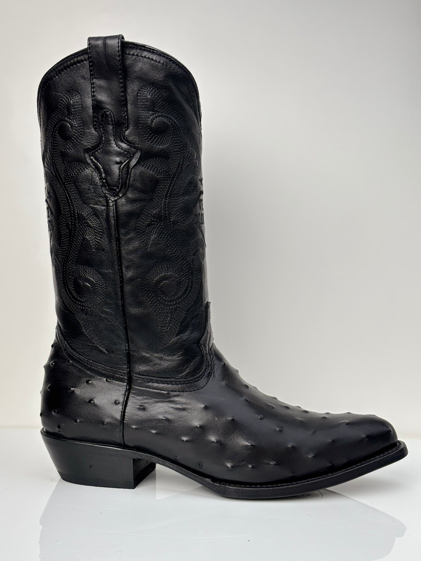 Men's Black Ostrich Engraved Round Toe Western Boot - White Diamonds