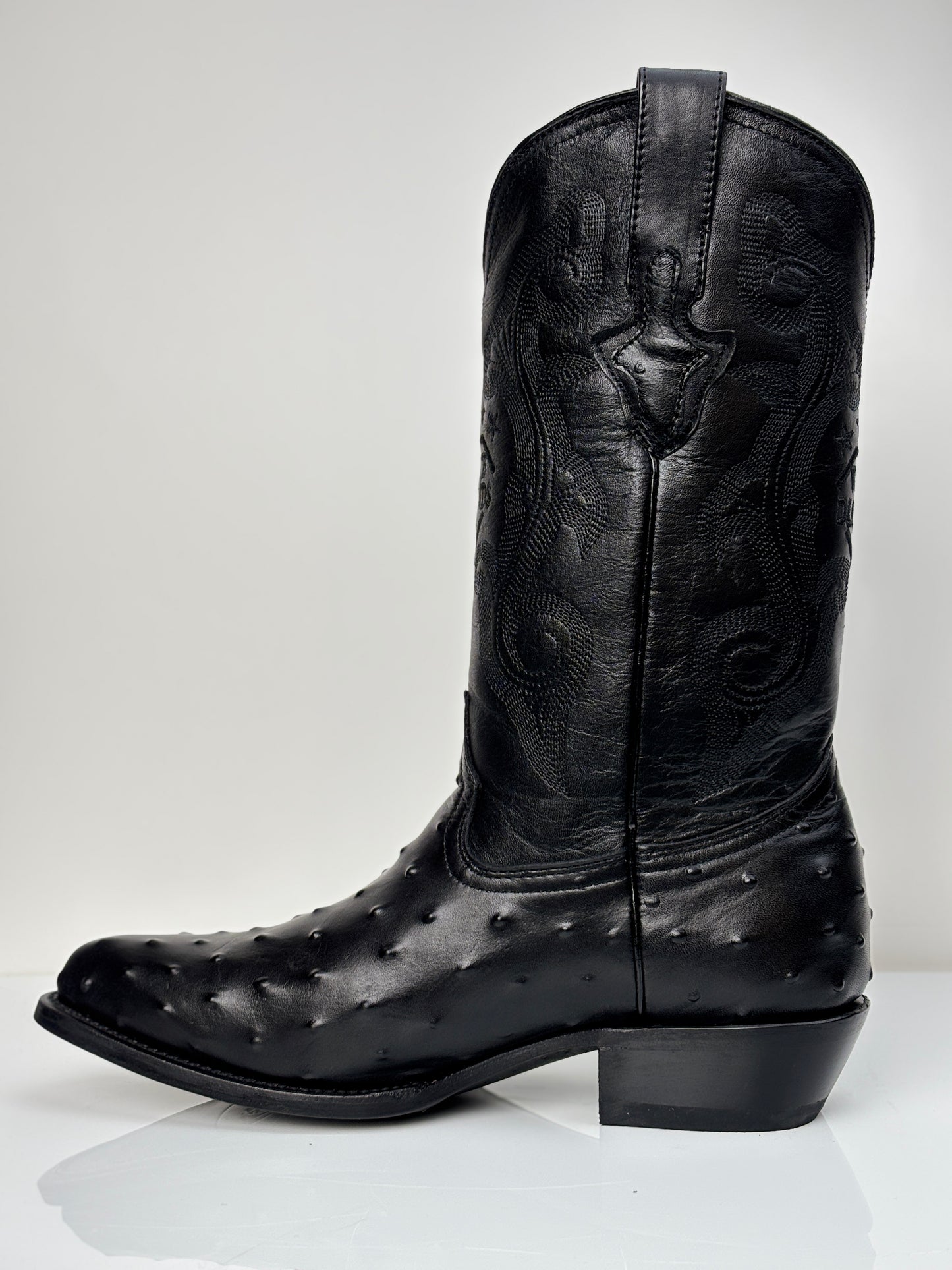 Men's Black Ostrich Engraved Round Toe Western Boot - White Diamonds
