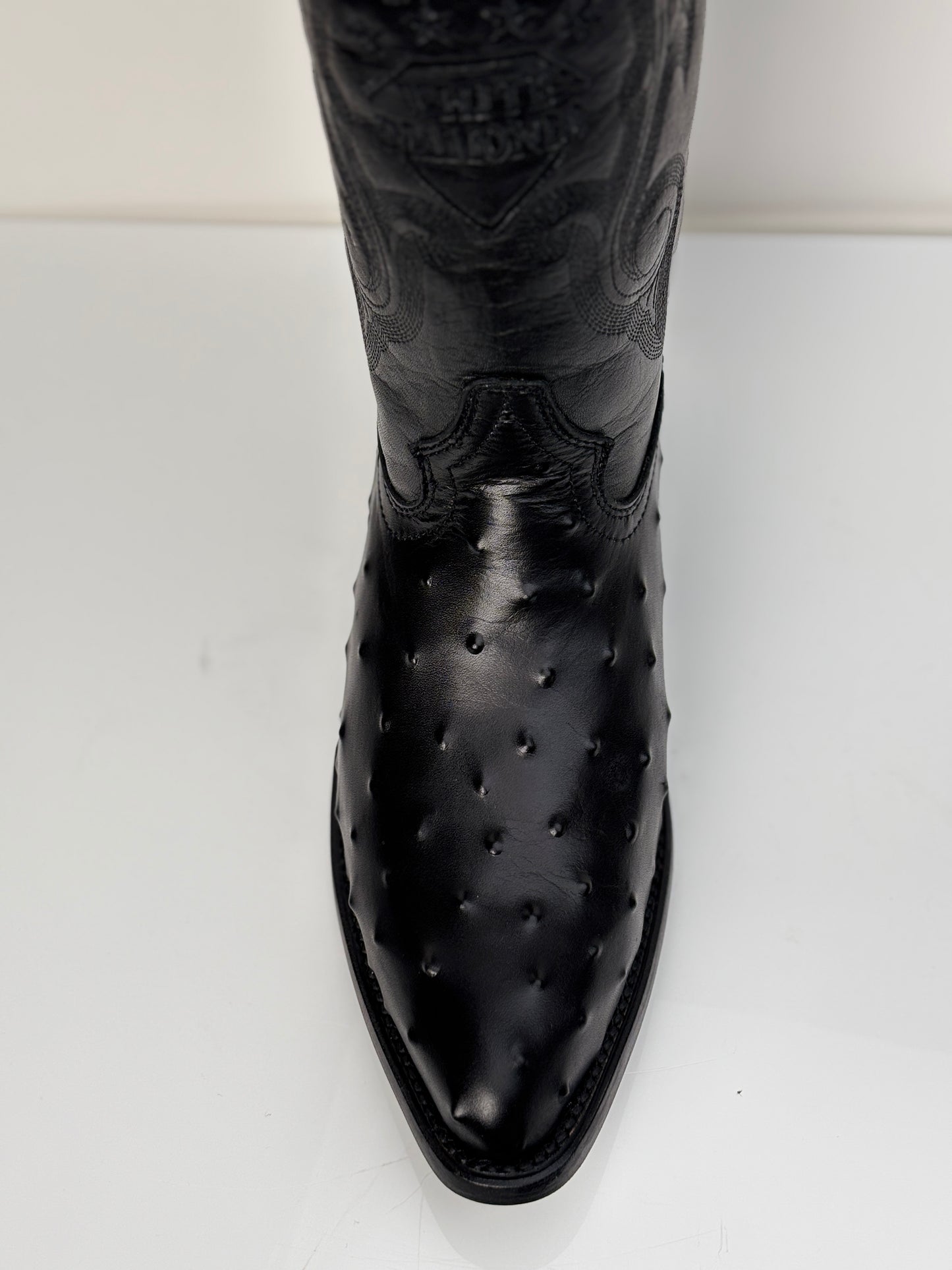 Men's Black Ostrich Engraved Round Toe Western Boot - White Diamonds