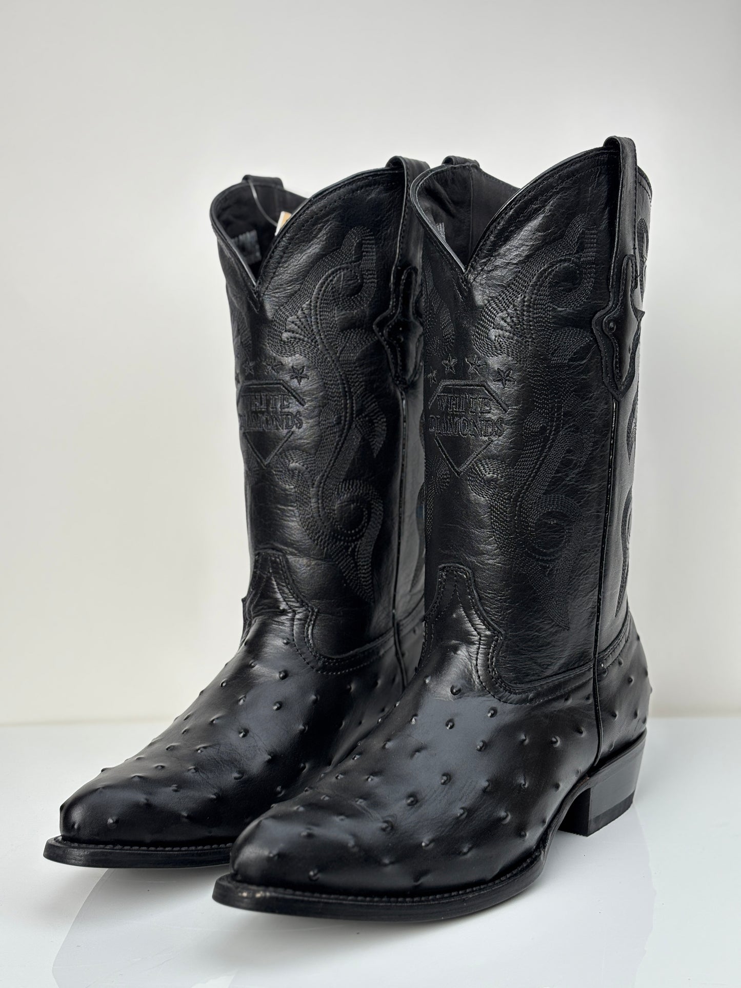 Men's Black Ostrich Engraved Round Toe Western Boot - White Diamonds