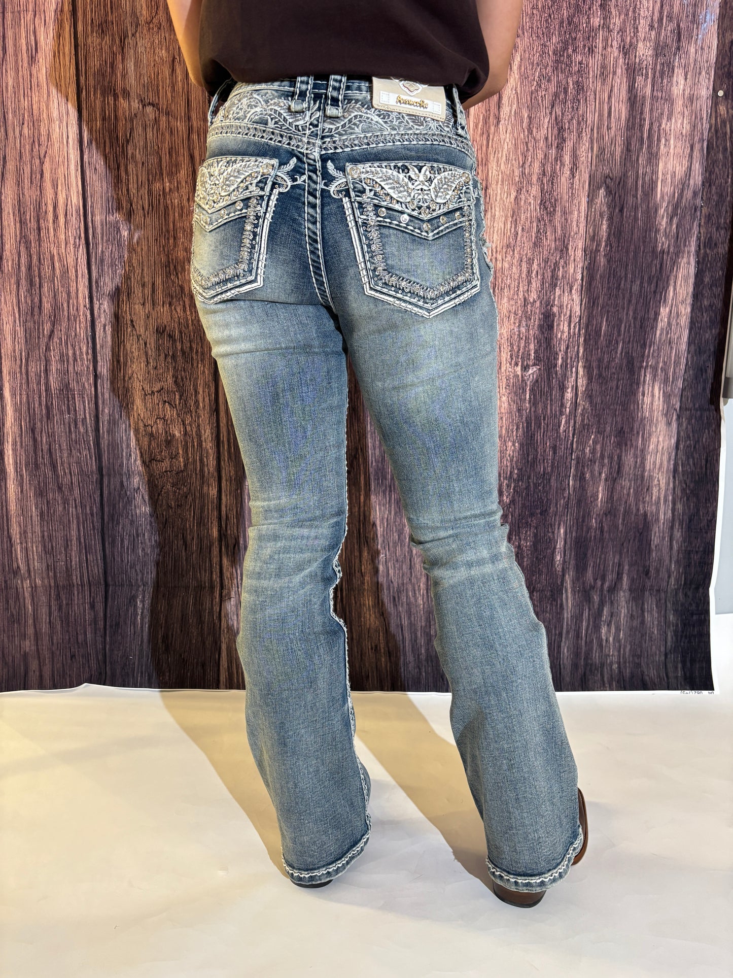 Women's Rhinestone Mid-rise Boot Cut Jeans - Answer Me