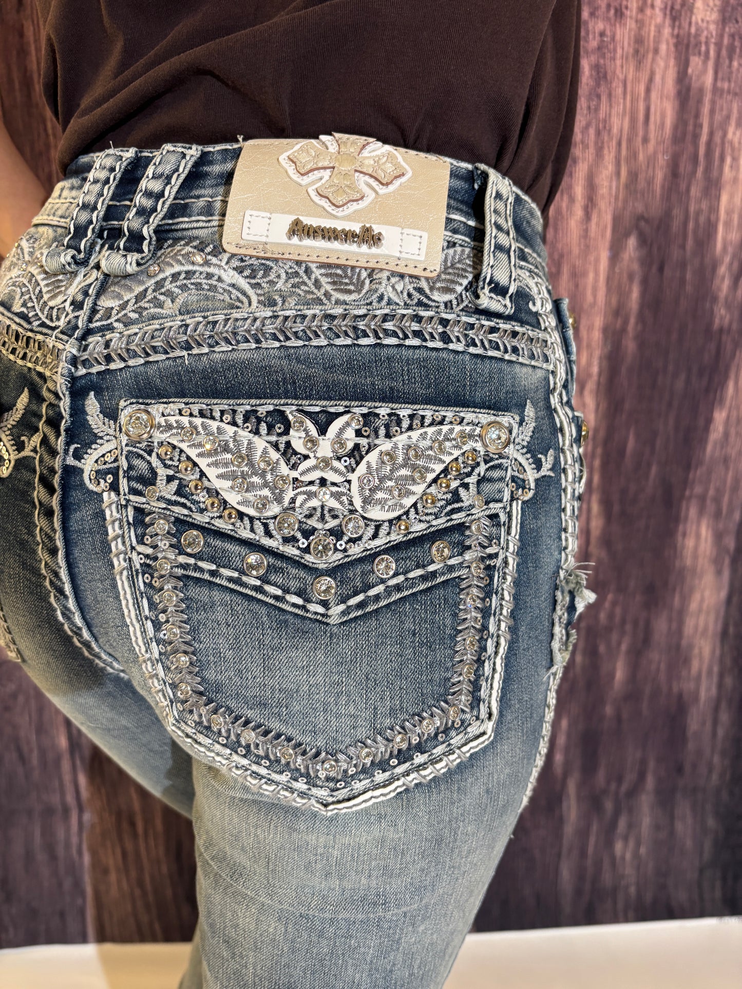 Women's Rhinestone Mid-rise Boot Cut Jeans - Answer Me