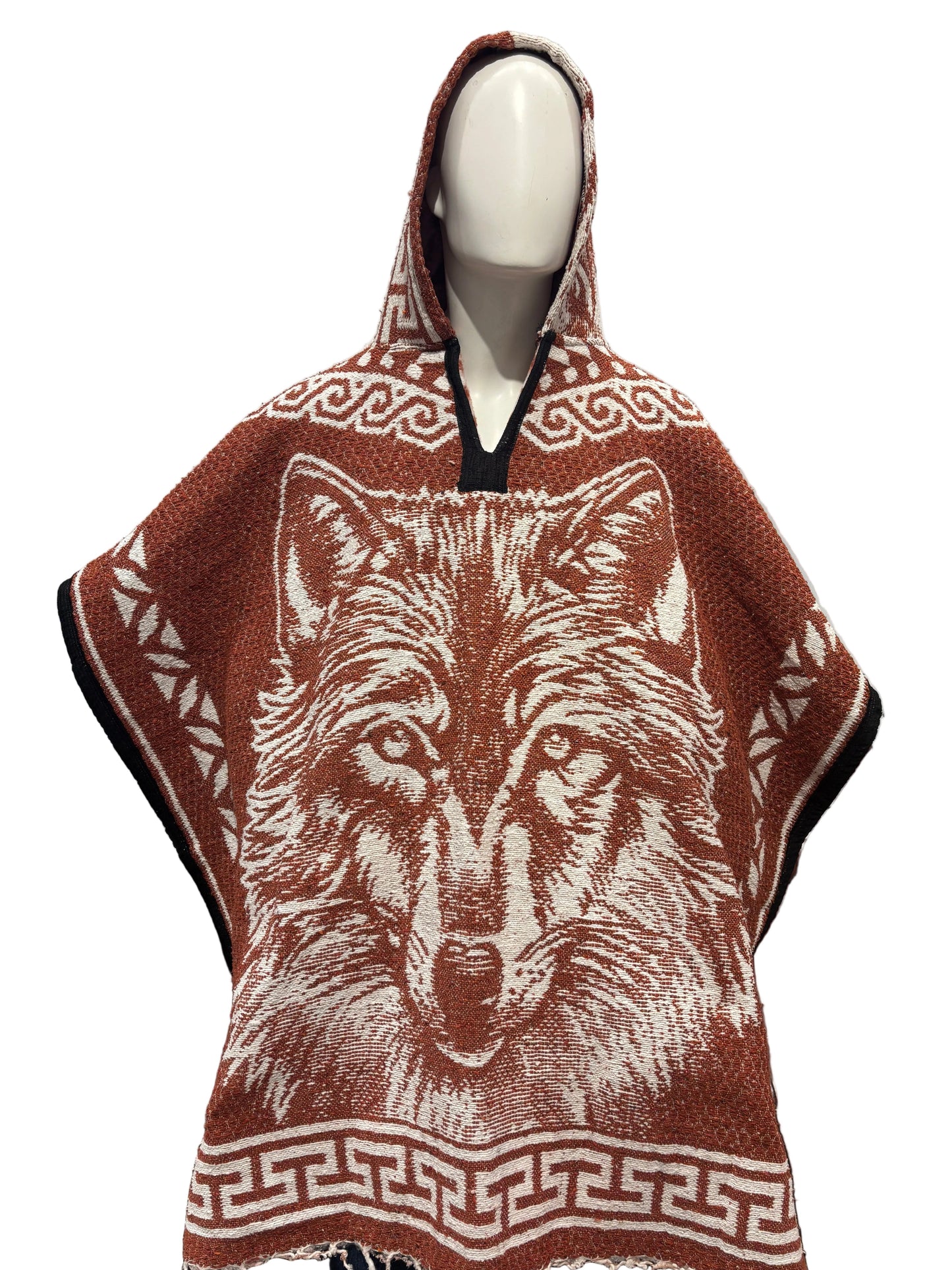 Traditional Hooded Poncho for Adults - Wolf design