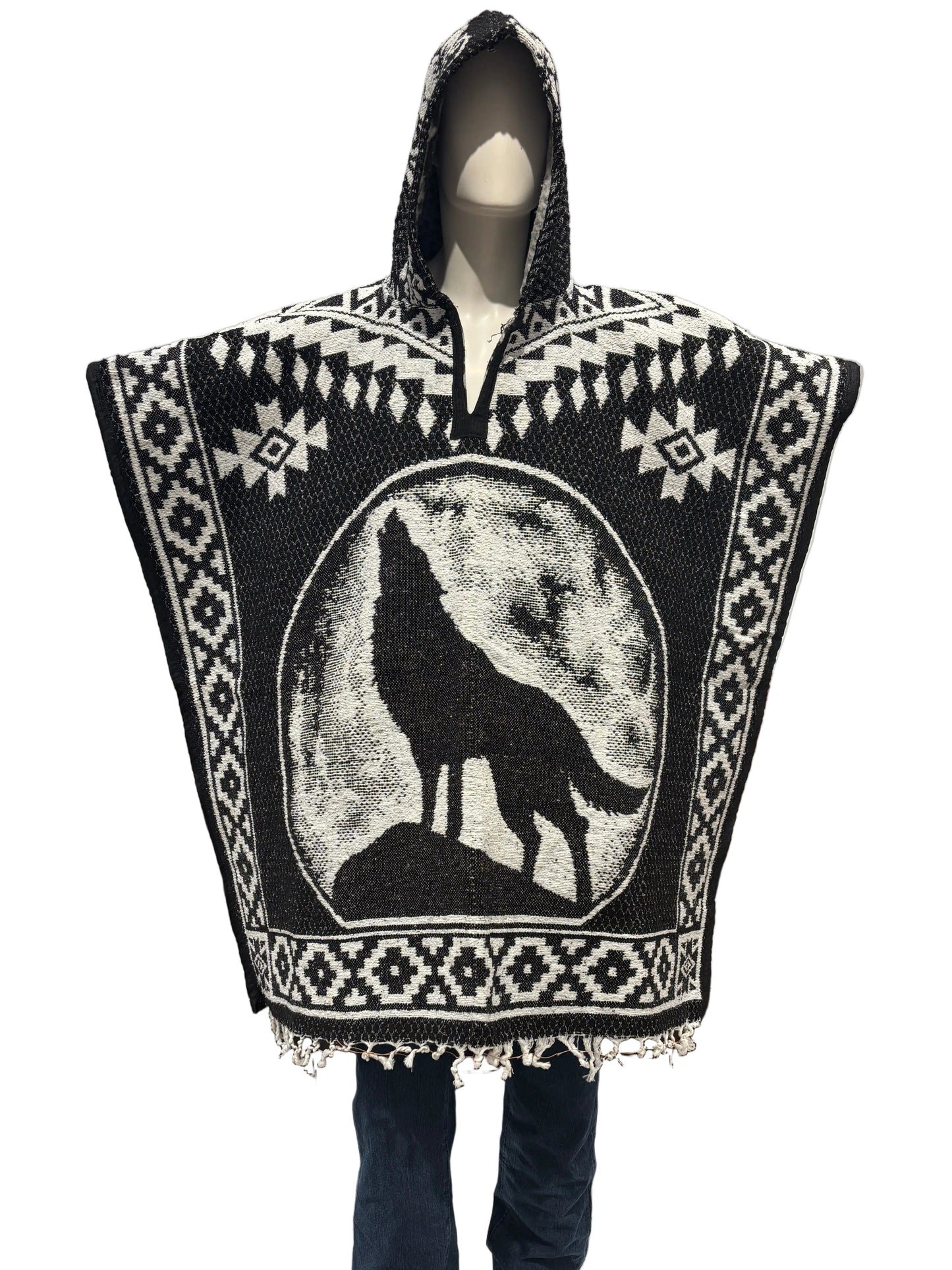 Traditional Hooded Poncho for Adults - Wolf design