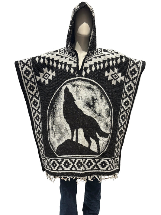 Traditional Hooded Poncho for Adults - Wolf design